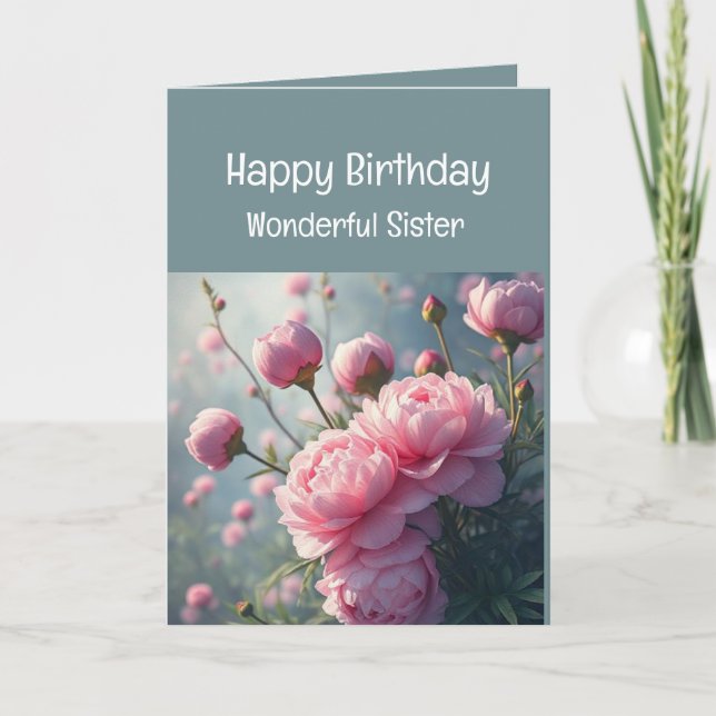 Tarjeta Hermana Maravillosa Cumpleaños Peony Garden Flor (Anverso)