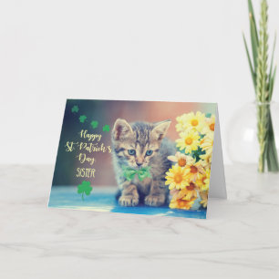 Tarjeta Hermana San Patrick's Day Kitten con margaritas am