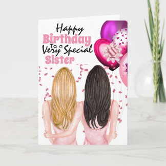 Tarjeta Hermanas sosteniendo globos rosas, deseos confetti