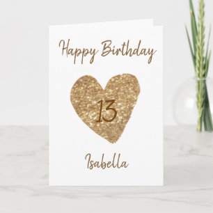 Tarjeta Hermosa acuarela dorada Corazón 13 cumpleaños