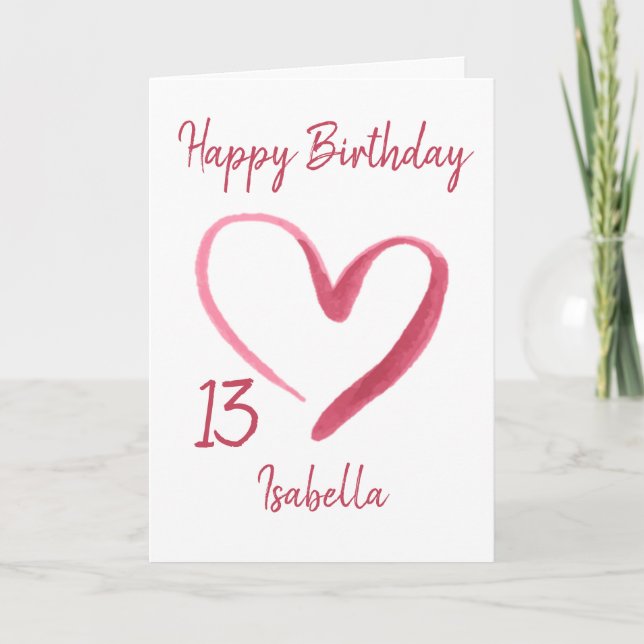 Tarjeta Hermosa acuarela rosa Corazón 13 cumpleaños (Anverso)