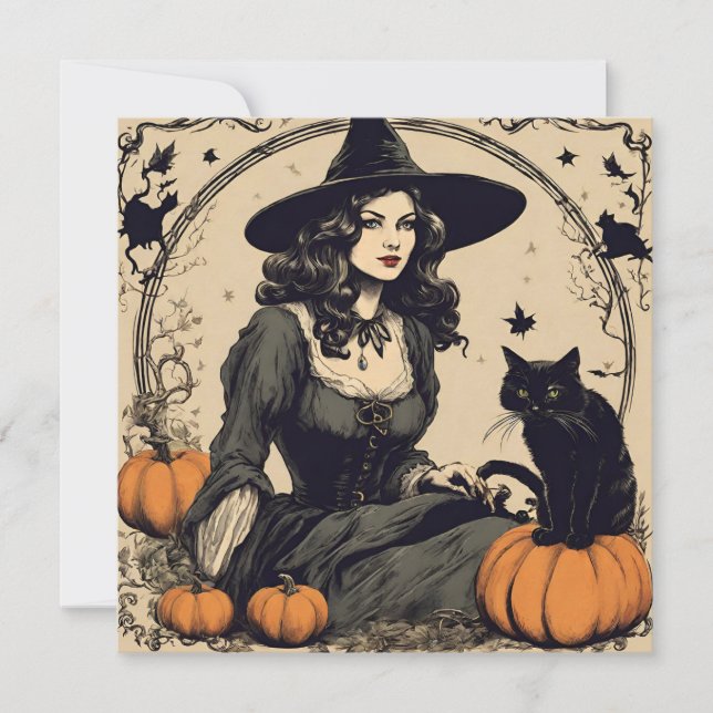 Tarjeta Hermosa bruja de Halloween de época con gato negro (Anverso)