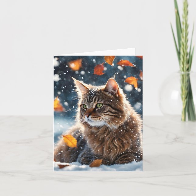 Tarjeta Hermosa caída de gato de Tabby gris deja en blanco (Anverso)