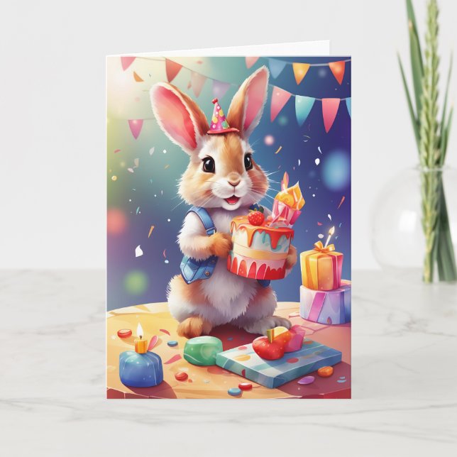 Tarjeta Hermosa conejita con pasteles celebrando! | Tarjet (Anverso)