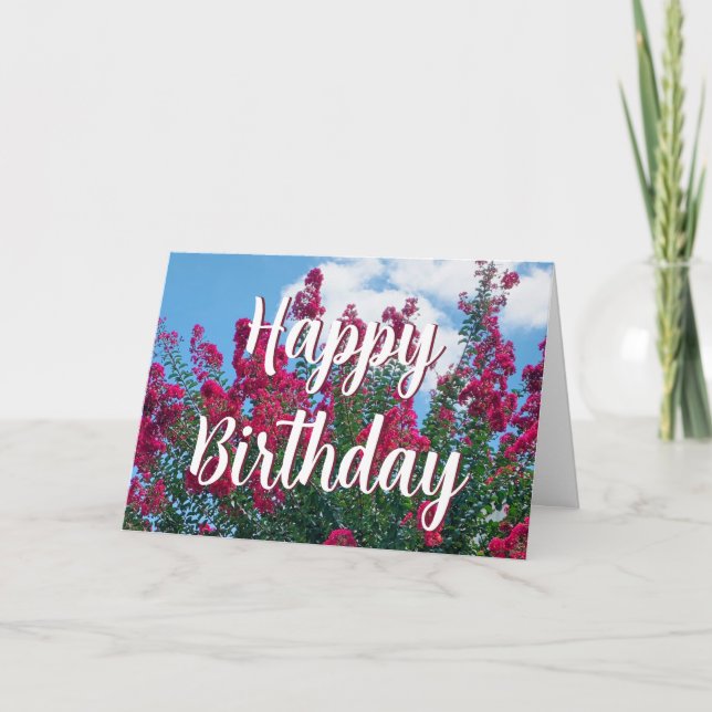 Tarjeta Hermosa Crepe Rosa Myrtle Flores Feliz Cumpleaños (Anverso)