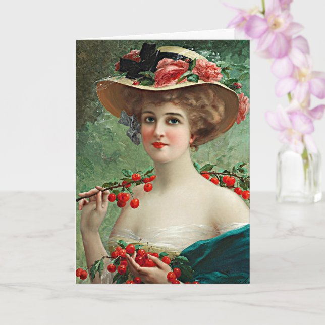 Tarjeta Hermosa dama de época, Gorra de flores y cerezas (Orquídea)