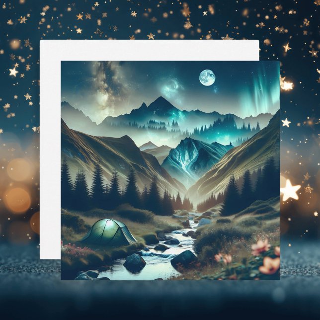 Tarjeta Hermosa escena de camping con montañas y carpas (Subido por el creador)