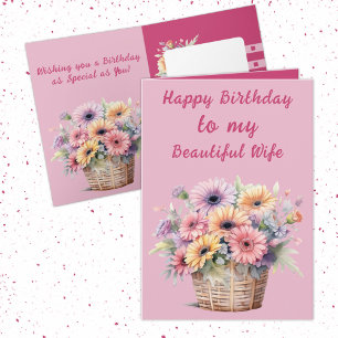 Tarjeta Hermosa esposa gerbera flores color rosa cumpleaño