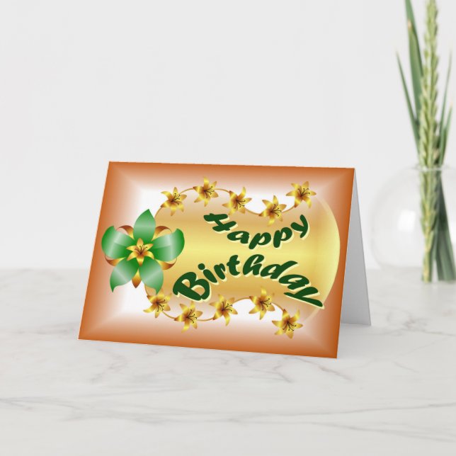 Tarjeta Hermosa flor verde y dorada en cumpleaños marrón (Anverso)