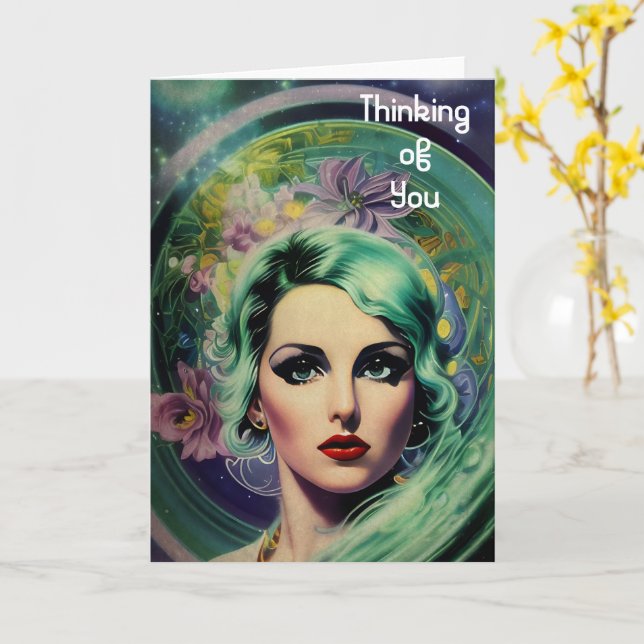 Tarjeta Hermosa lavanda y verde estilo retro mujer (flor amarilla)