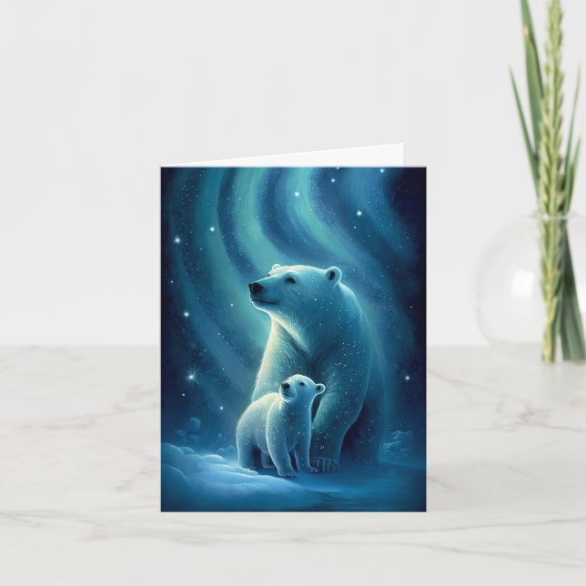 Tarjeta Hermosa madre osito polar y Ilustracion de cachorr (Anverso)