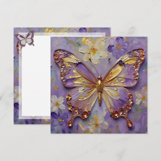Tarjeta Hermosa Mariposa Morada y Flores en Blanco (Anverso / Reverso)