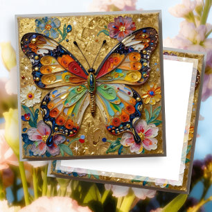 Tarjeta Hermosa mariposa y flores en blanco con técnica de