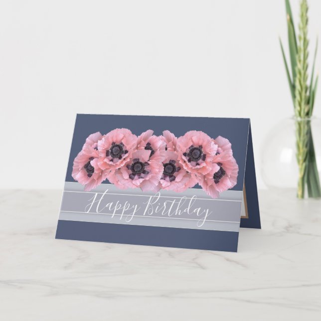 Tarjeta Hermosa Moda Floral Bouquet Poppy Rosa Cumpleaños (Anverso)