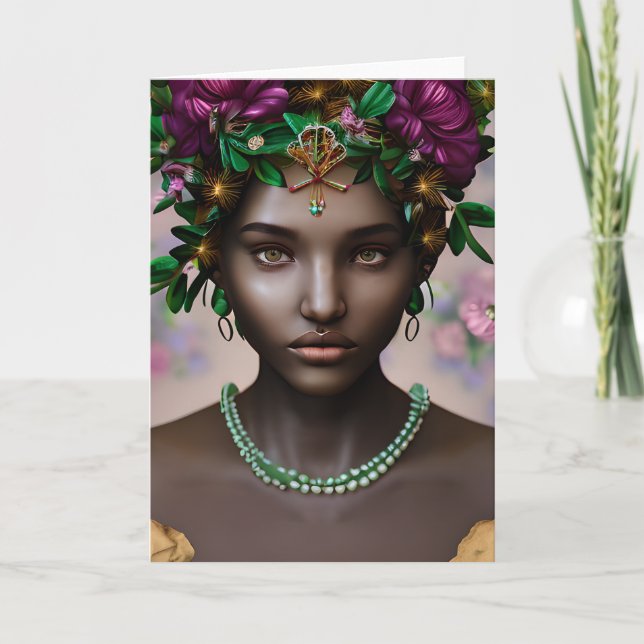 Tarjeta Hermosa mujer afroamericana con flores (Anverso)