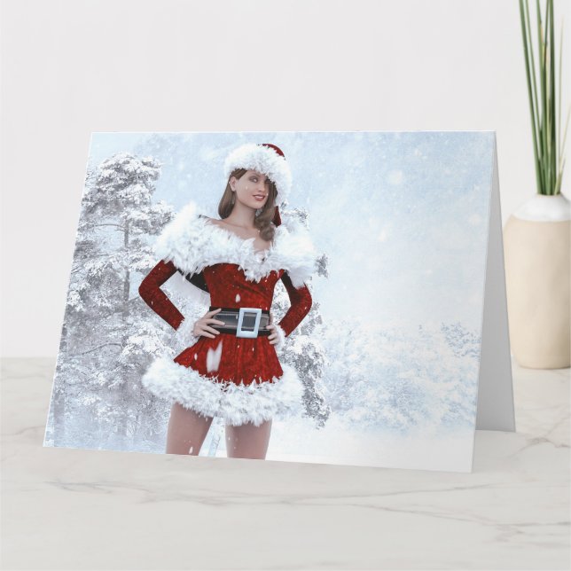 Tarjeta Hermosa mujer Navidad por la nieve de invierno (Anverso)