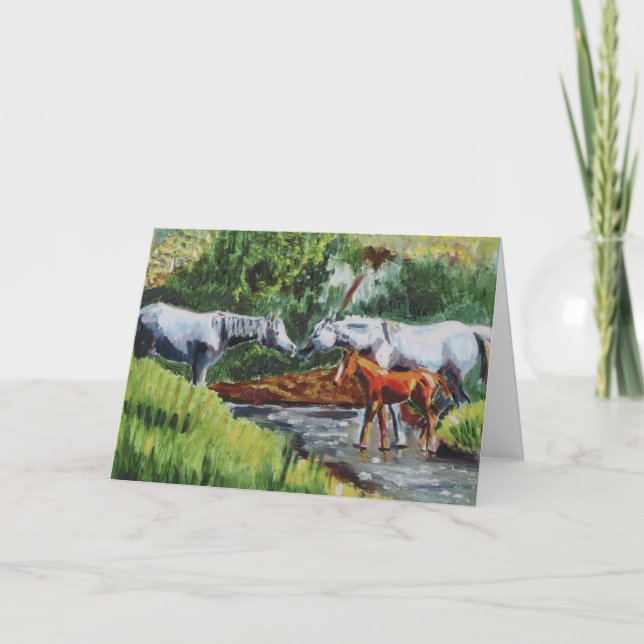 Tarjeta Hermosa pintura de aceite paisajista de caballos y (Anverso)