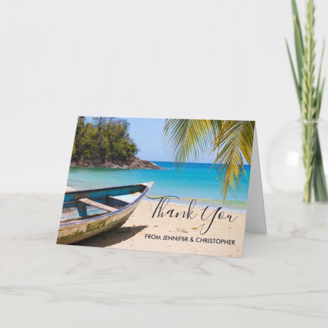 Tarjeta Hermosa playa tropical con bote de remos Gracias (Anverso)