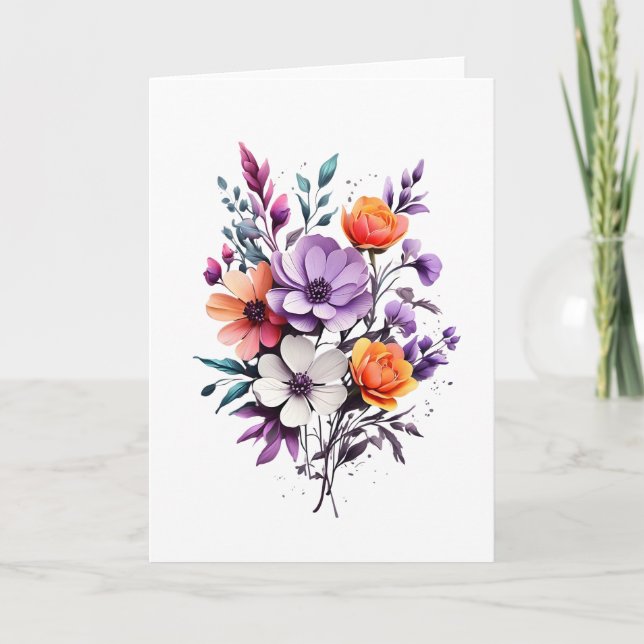 Tarjeta Hermosas flores blancas púrpura Naranja en blanco (Anverso)