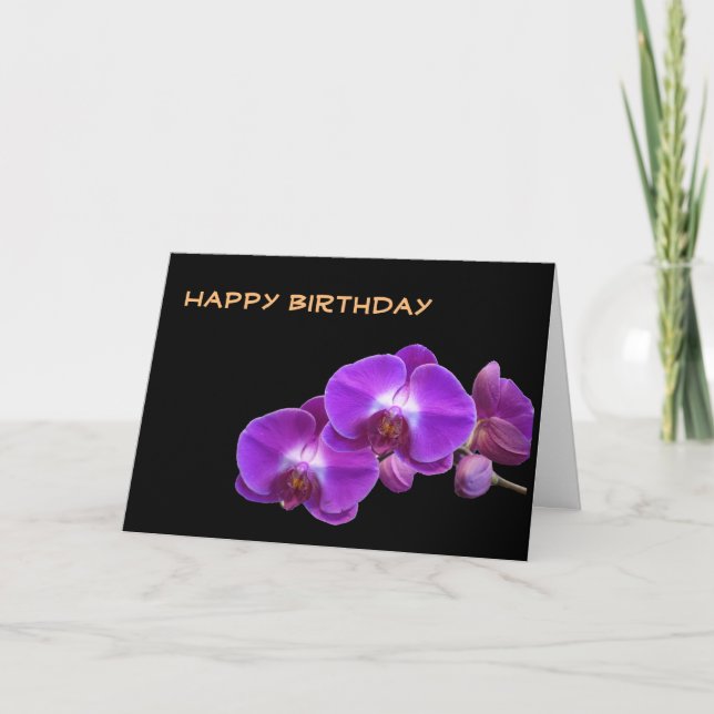Tarjeta Hermosas flores moradas de orquídea feliz cumpleañ (Anverso)