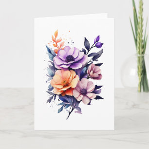 Tarjeta Hermosas flores Naranja moradas beiges en blanco