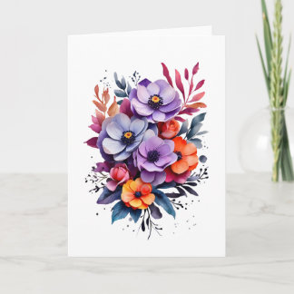 Tarjeta Hermosas flores naranjas púrpura azules en blanco