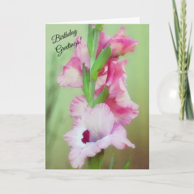 Tarjeta Hermosas flores rosadas Gladiolus Floral Cumpleaño (Anverso)