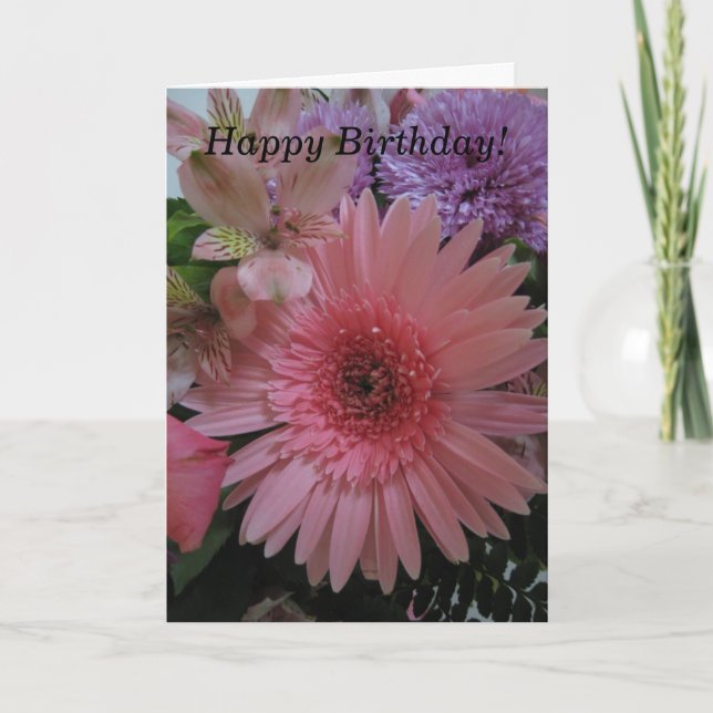 Tarjeta Hermosas flores rosadas y moradas Cumpleaños (Anverso)