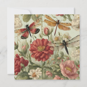 Tarjeta Hermosas flores y libélulas de época