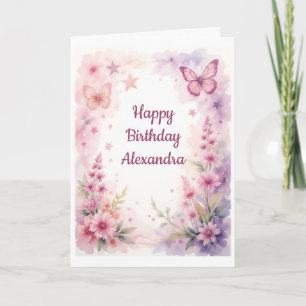 Tarjeta Hermosas flores y mariposas de acuarela