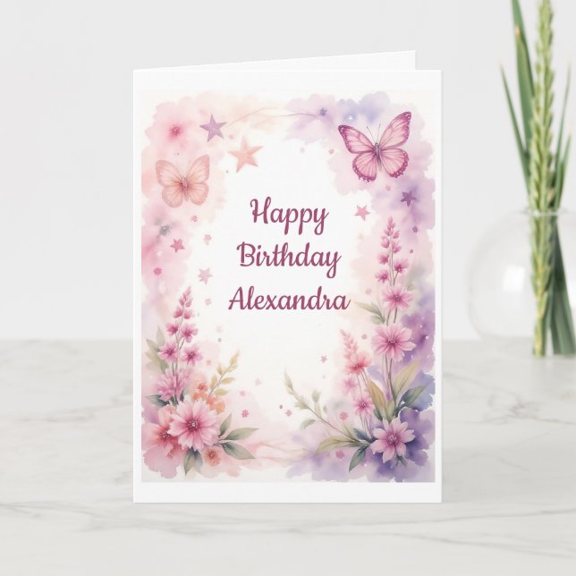 Tarjeta Hermosas flores y mariposas de acuarela (Anverso)