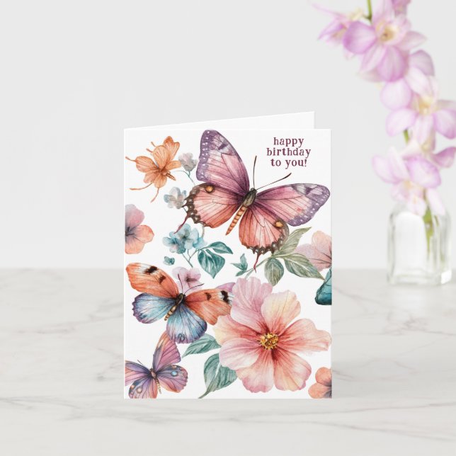 Tarjeta Hermosas mariposas y flores Feliz cumpleaños (Orquídea)