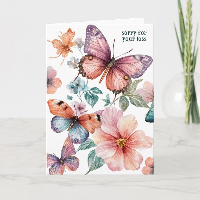 Tarjeta Hermosas mariposas y flores lamentan la pérdida (Anverso)