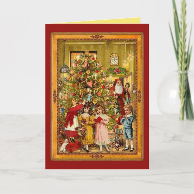 Tarjeta Hermoso árbol de Navidad clásico de Santa y niños (Anverso)