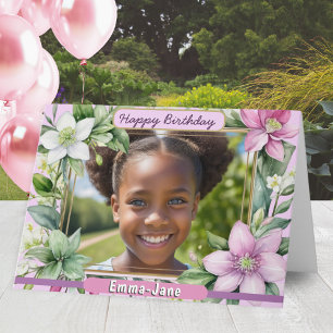 Tarjeta Hermoso borde floral flores rosadas feliz cumpleañ