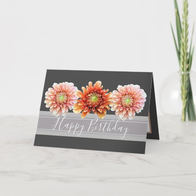 Tarjeta Hermoso Bouquet floral Naranja Dahlias Cumpleaños (Anverso)