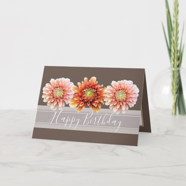 Tarjeta Hermoso Bouquet floral Naranja Dahlias Cumpleaños (Anverso)