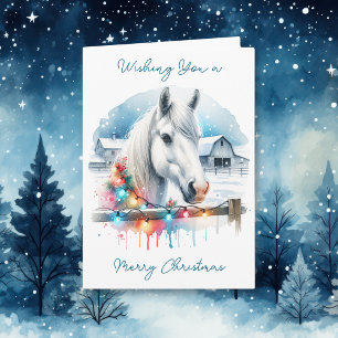 Tarjeta Hermoso caballo blanco en Navidades de granjas
