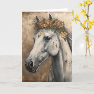 Tarjeta Hermoso caballo gris en una corona boho en todas l