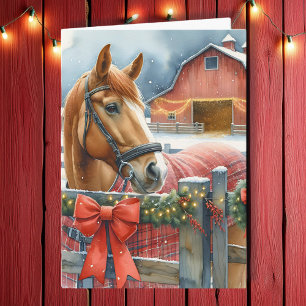 Tarjeta Hermoso caballo marrón en un Navidad festivo