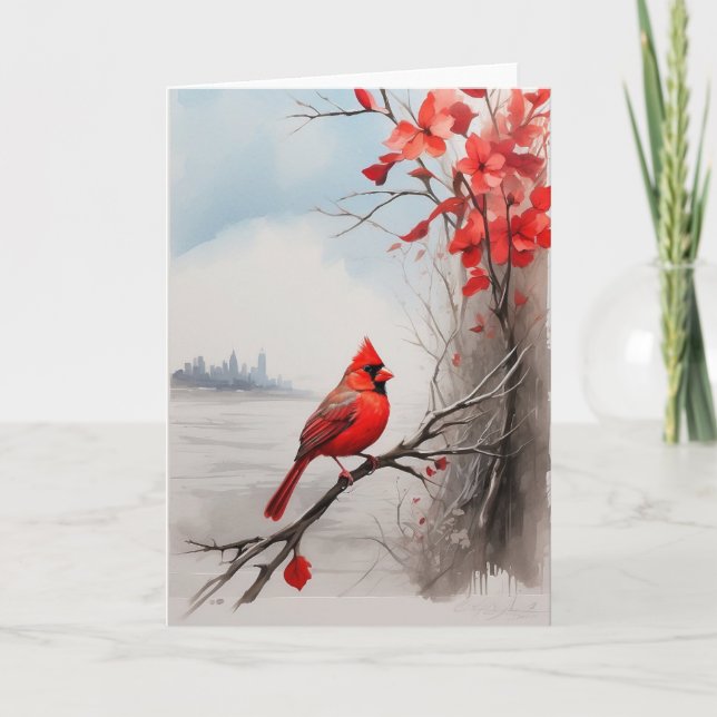Tarjeta Hermoso cardenal rojo encaramado en el borde del á (Anverso)