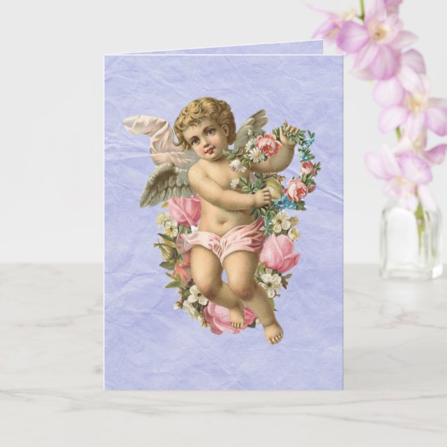 Tarjeta Hermoso Cherub Vintage / Angel con flores (Orquídea)
