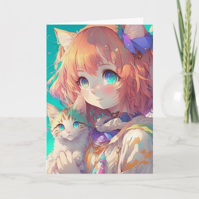 Tarjeta Hermoso Chica de anime personalizado con gatito li (Anverso)