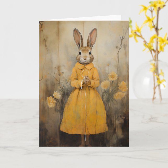 Tarjeta Hermoso conejo con un vestido amarillo en todas la (flor amarilla)