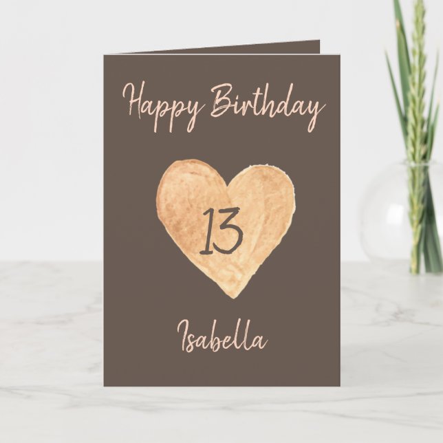 Tarjeta Hermoso Corazón de Acuarela Khaki 13 cumpleaños  (Anverso)
