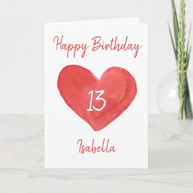 Tarjeta Hermoso Corazón de Acuarela Roja 13 cumpleaños (Anverso)