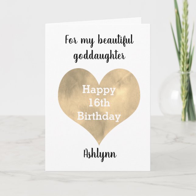 Tarjeta Hermoso corazón de oro Feliz cumpleaños 16 Dios hi (Anverso)