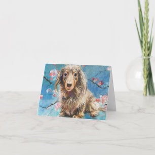 Tarjeta Hermoso Dachshund de larga data en flores de cerez