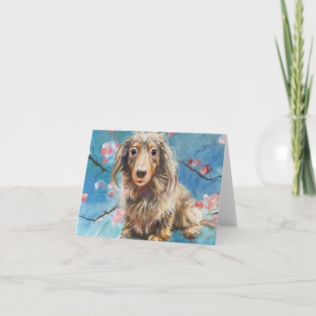 Tarjeta Hermoso Dachshund de larga data en flores de cerez (Anverso)
