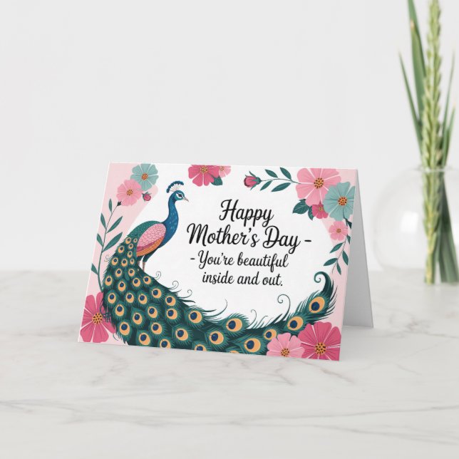 Tarjeta Hermoso día de la madre floral de pavo real (Anverso)